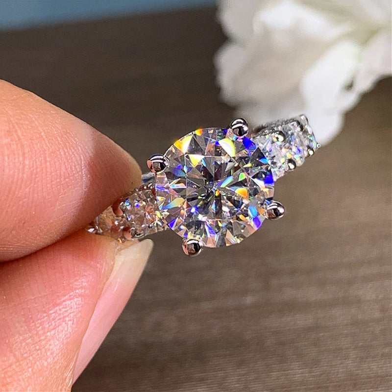 Zircon Inlaid Copper Ring White Gold Geometric Design