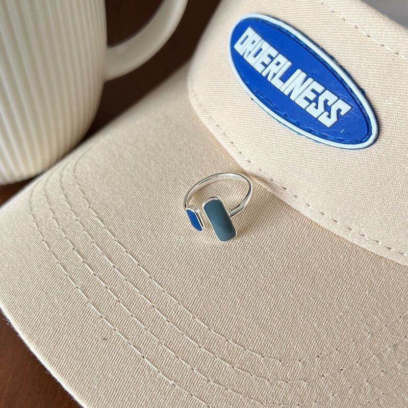 Womens Adjustable Copper Ring Korean Rectangular Geometric Epoxy Silver Tone Ring With Adjustable Opening Ring