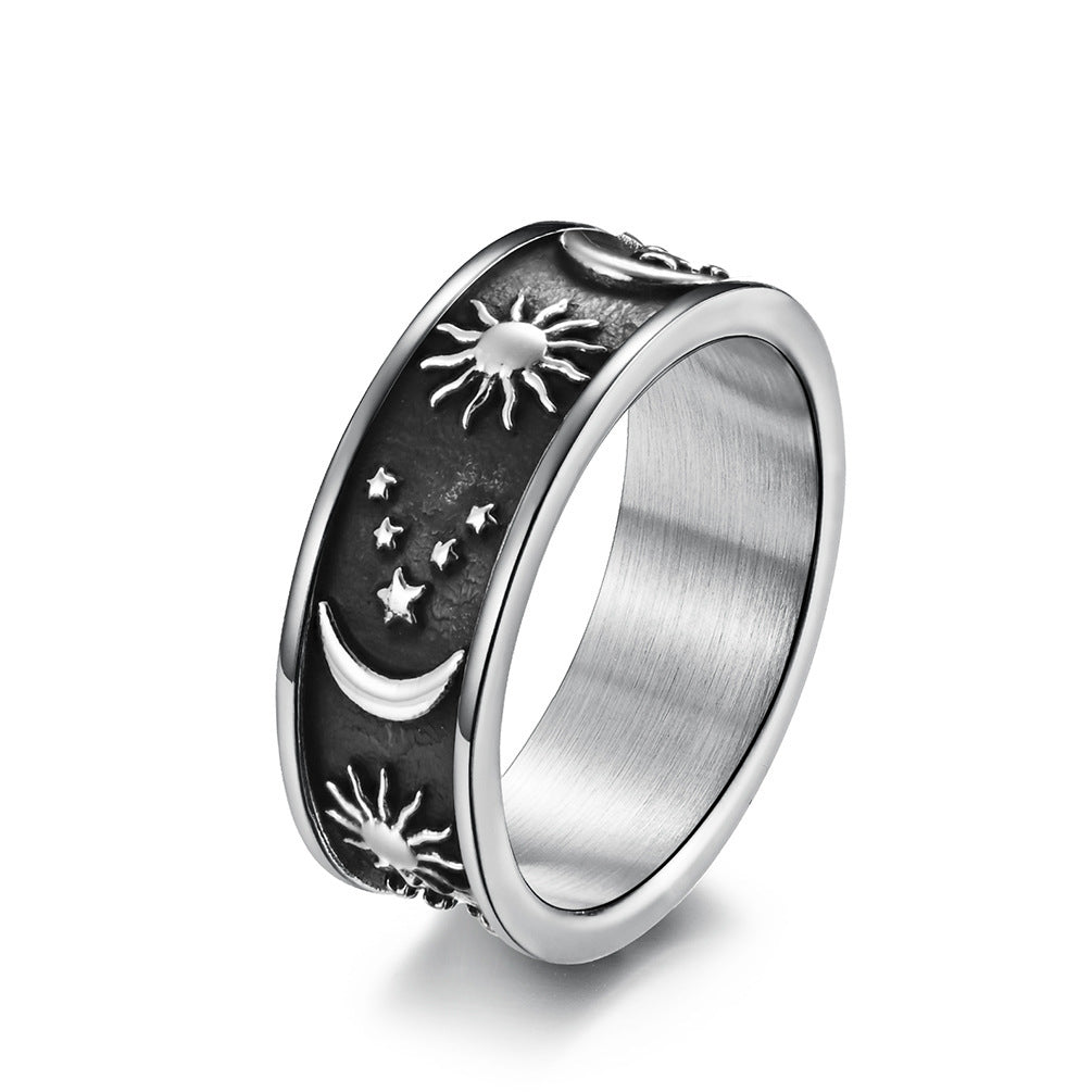 Stainless Steel Ring Featuring Stars Moon And Sun Design Unisex Boho Jewelry For Everyday Wear Cosmic Timeless