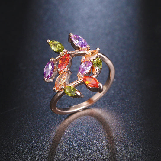 Leafy Zircon Ring Trees Branch Design Rose Gold Plated Copper Fashion Jewelry For Women Wears Trendy Accessory
