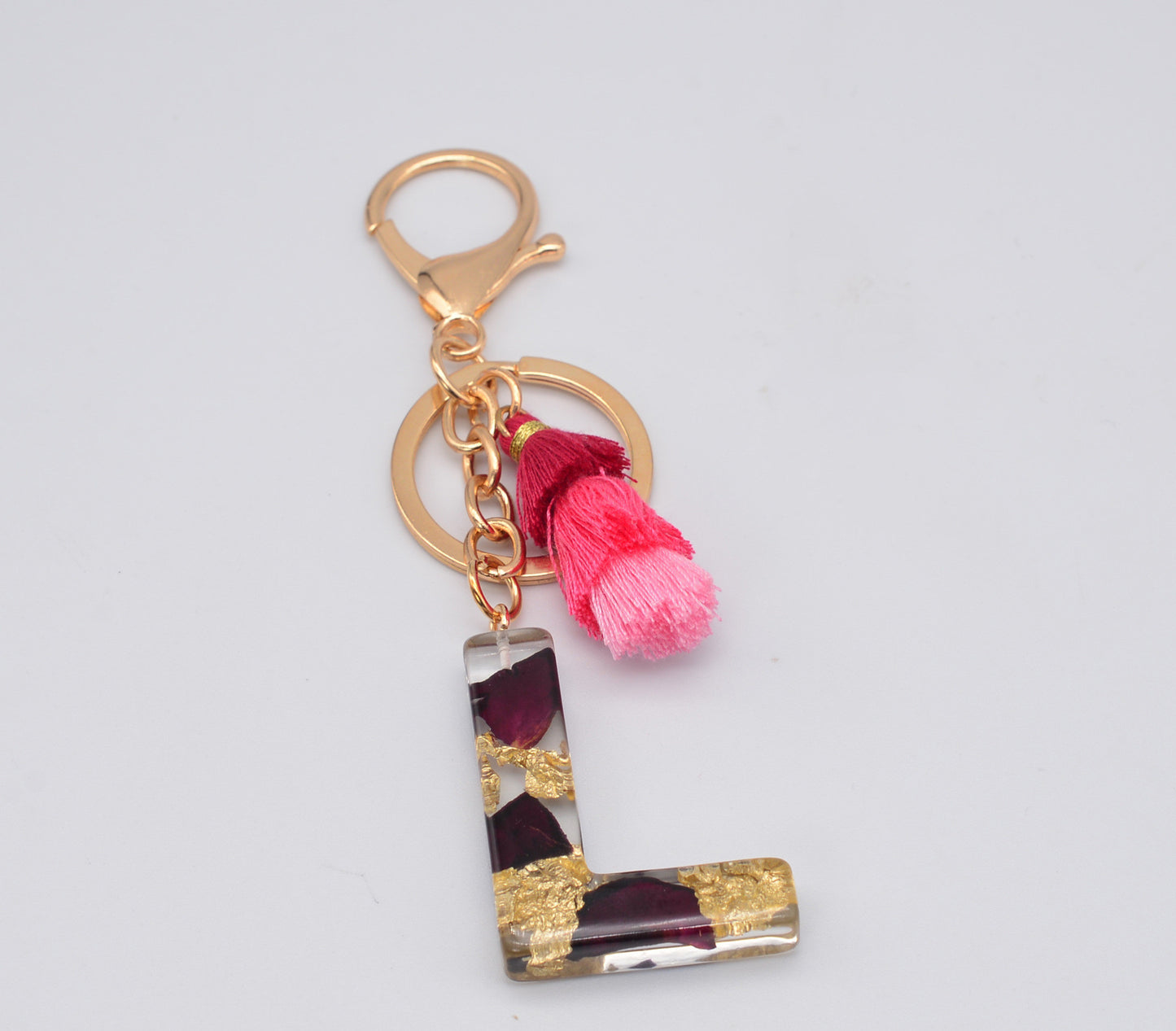 Resin Floral Keychain With Tassel Pendant Black Rose Design Durable Craftsmanship Initial Letter Bag Accessory