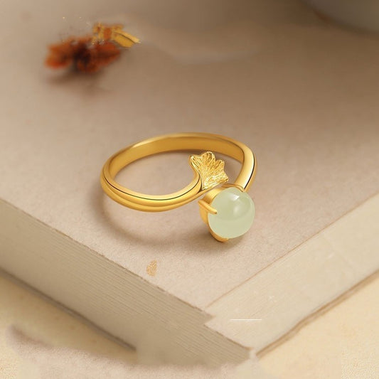 Adjustable S925 Silver Ring With Ginkgo Leaf Design Electroplated Finish 2mm Band For Women Jewelry For Daily Wear