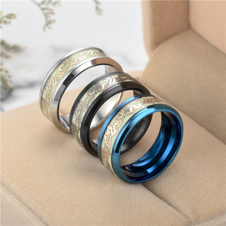 Unisex Titanium Steel Ring With Fluorescent Double Dragon Mosaic Inlays Simple Band For Men And Women Everyday
