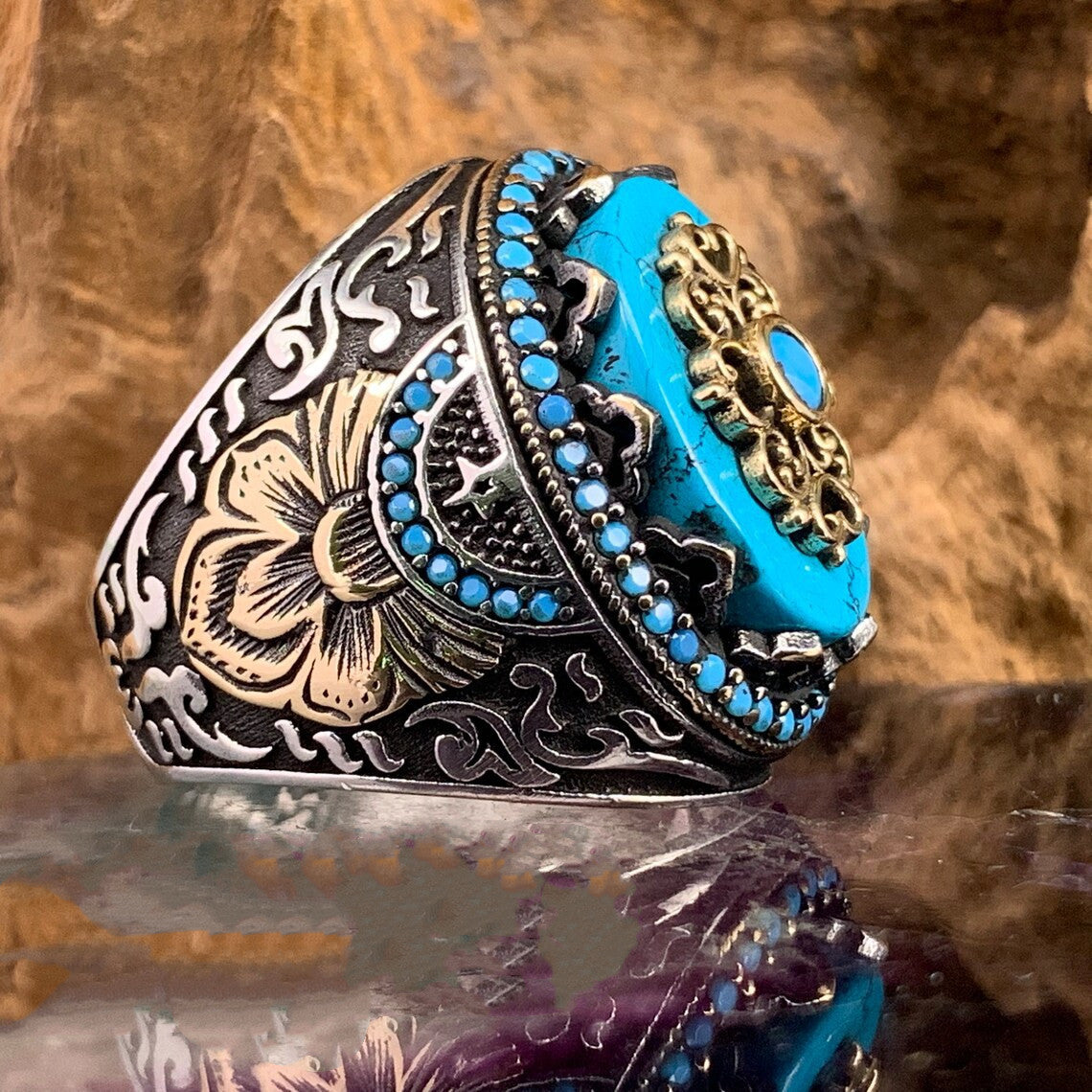Turquoise Gemstone Embossed Pattern Ring Two Color Alloy Style Jewelry For Women European Modern Fashion Rings