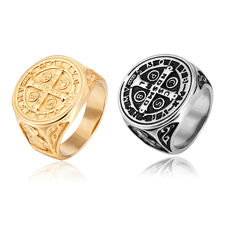 Gold Titanium Steel Cross Ring For Men Unisex Retro Style