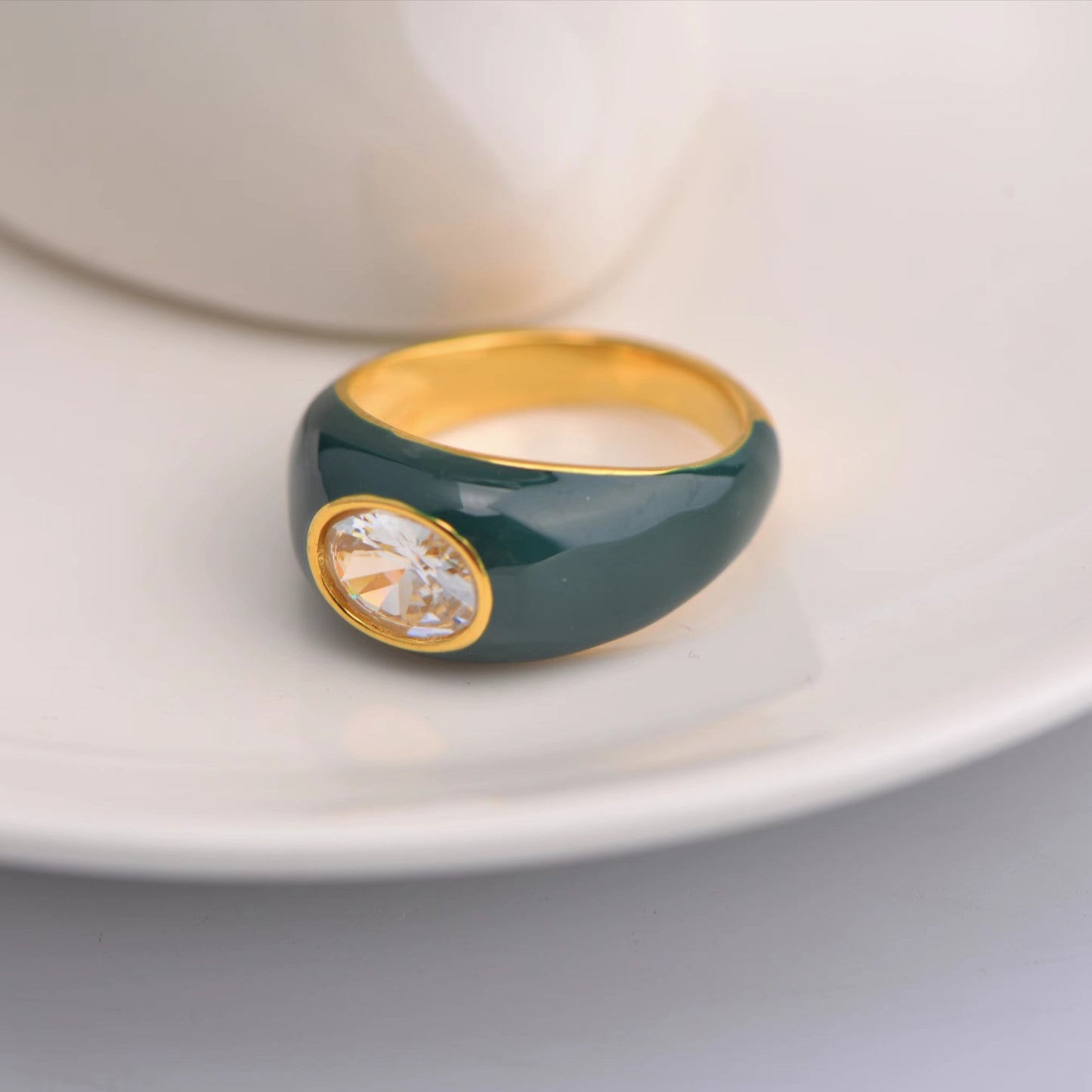 Stainless Steel Ring with Green Round Diamond and Coffee Colored Square Diamond Accent Jewelry Fashion Ring for Women Girls Size 6 7 8