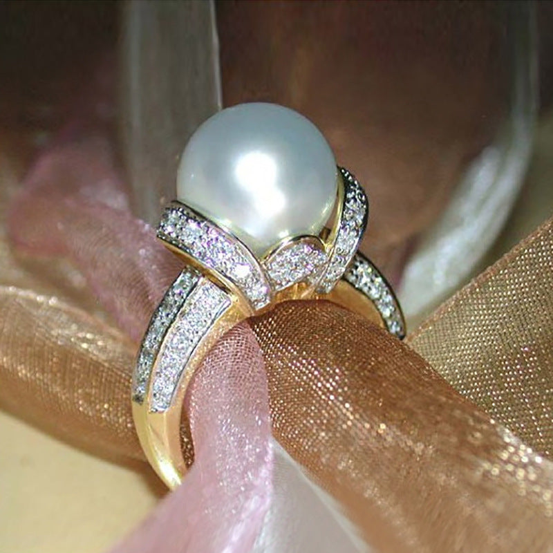 Gold Plated Zircon Pearl Ring Geometric Design for Wedding Engagement Jewelry Durable Fashion Accessory Elegant