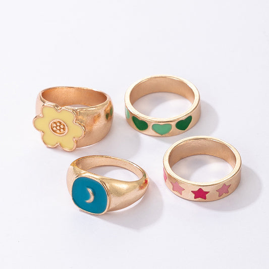Womens Geometric Alloy Ring Set 4 Piece With Epoxy Love Flower Star Moon Design Modern Simple Jewelry Gift Set