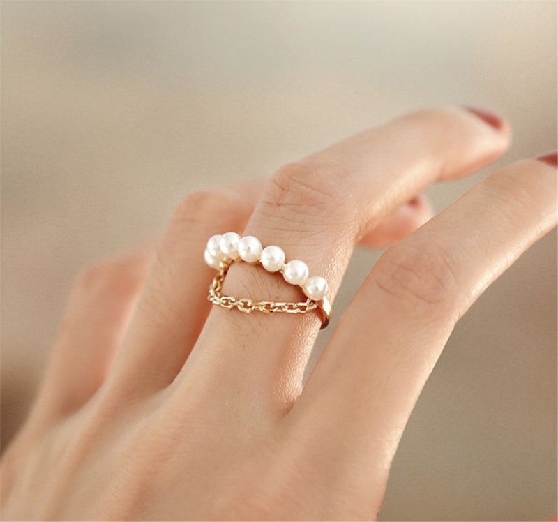 Vintage Beaded Pearl Ring With Gems Alloy Jewelry For Women