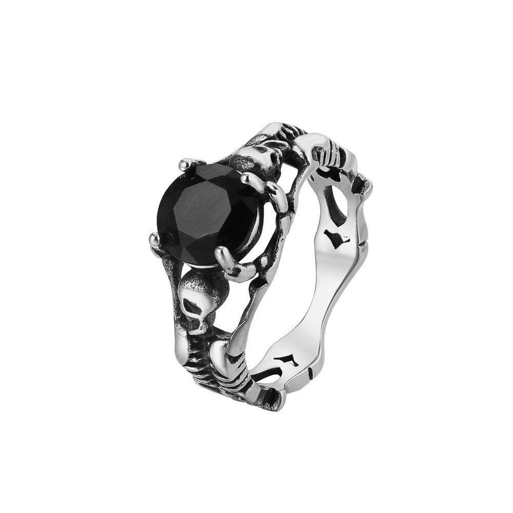 Men's Titanium Steel Ring with Skull Gem Retro Design European American Style Statement Ring for Him Fashion Jewelry