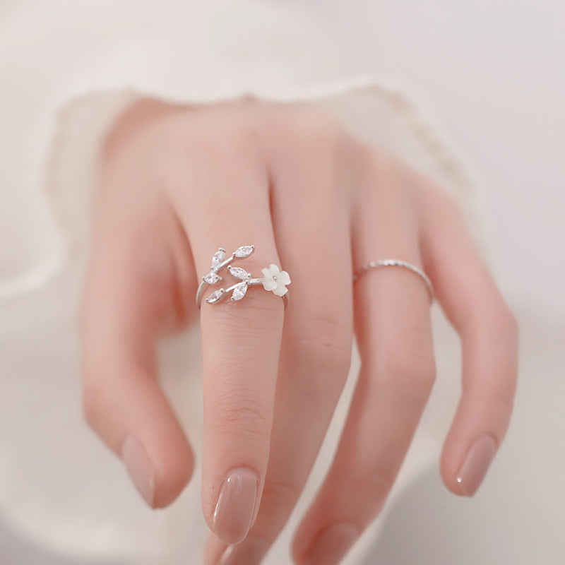Flower Ring For Women Adjustable Opening Korean Fashion White Gold Electroplated Copper Zircon Accents Floral Jewelry