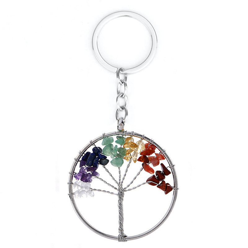Tree Of Life Keychain Natural Crystal Copper Wire Pendant With Leather Rope For Keys Car Charm White 5cm 7 Colors