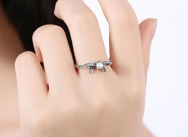 Womens Sterling Silver Ring With Pearl Inlay Bow Geometric Design Electroplated Finish Elegant Jewelry Gift For Women