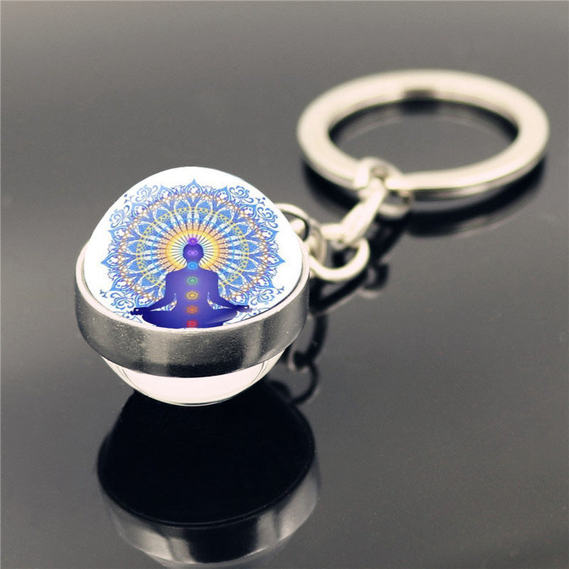 Yoga Keychain Double Sided Glass Ball Pendant Silver Plated Alloy Car Key Ring Bag Charm Decoration Gift Decor