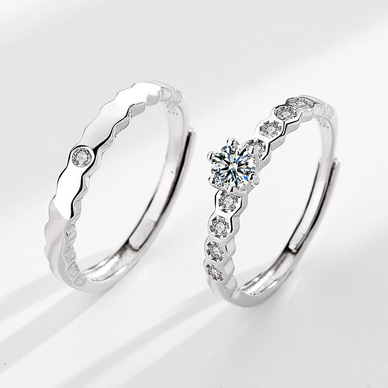 Couple Rings For Him And Her Matching Promise Rings Adjustable Opening 925 Silver Honeycomb Design JewelryGift