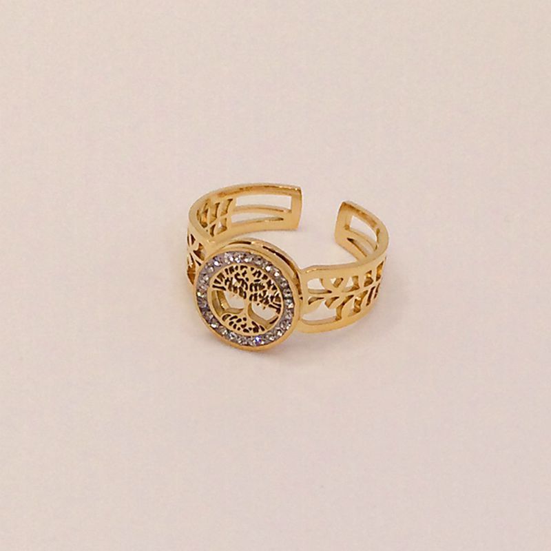 Gold Titanium Steel Lucky Tree Diamond Studded Hollow Ring Adjustable Opening Leaves Design Elegant Timeless Jewelry