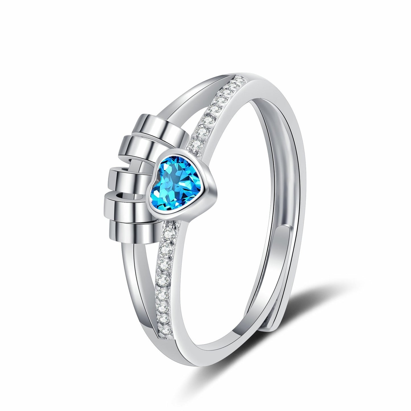 Heart Shaped Adjustable Ring With Double Layer Rotating Diamond Accent Copper Jewelry Gift Shiny Diamond Stone