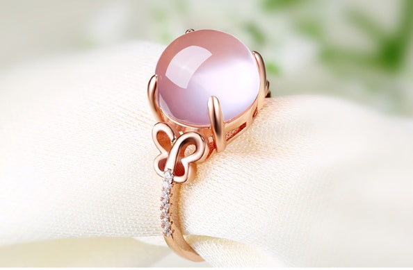 Womens Adjustable Butterfly Rings Rose Gold Pink Crystals Bow White Copper Alloy Inlaid Gemstones Jewelry Gift