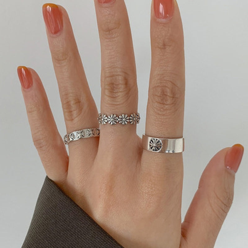 Womens Adjustable Ring Vintage Daisy Floral Thai Silver Geometric Ring For Women Girls Fashion Jewelry Opening
