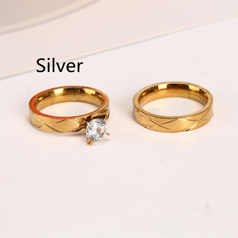 Unisex Stainless Steel Diamond Striped Cross Couple Ring TwoTone Gold Silver Geometric Ring for Men and Women