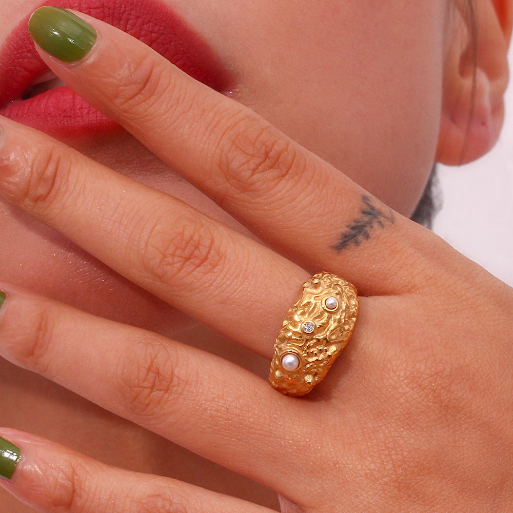 Gold Plated Stainless Steel Ring For Women Fashion Geometric Dome Ring Micro Inlaid Round Trendy Jewelry Style