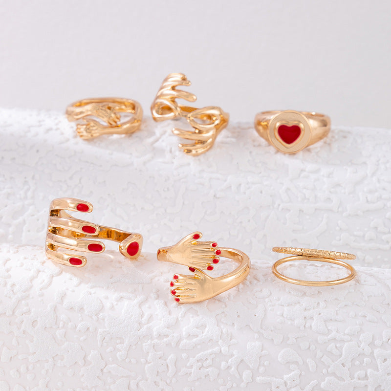 Geometric Alloy Ring Set Six Piece Drip Hand Design Fashion Jewelry Electroplated Finish For Women And Teens 2