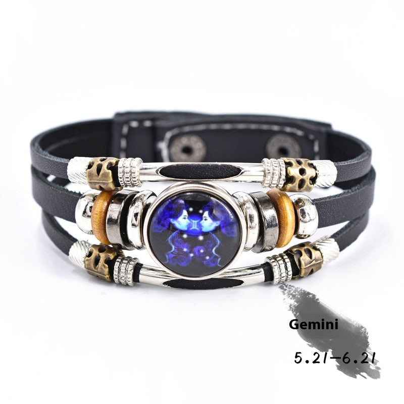 Woven Leather Bracelet With Three Layer Beads And Metal Accents Retro Ethnic Patterned Distressed Constellation