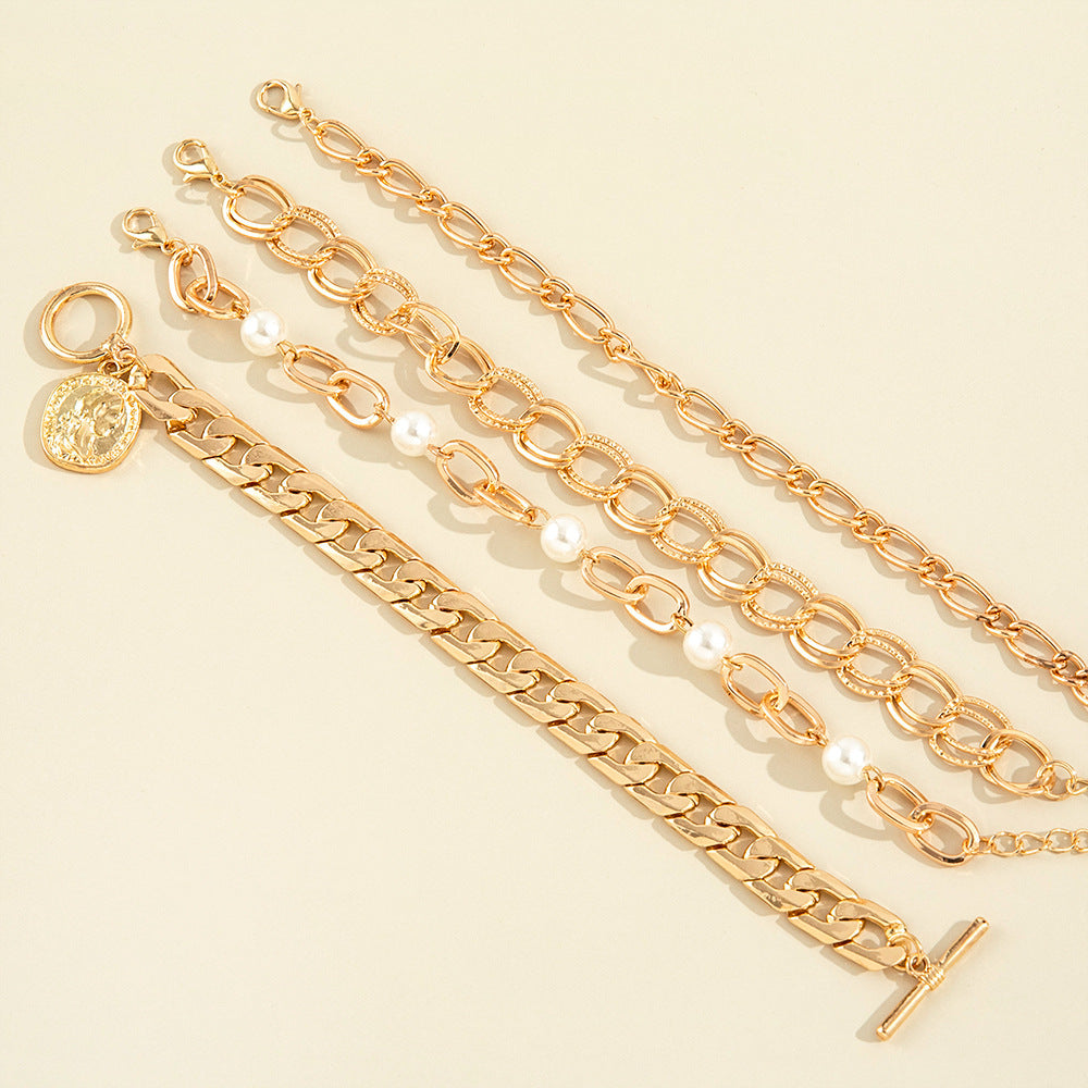 Womens Bracelets Set Four Piece Geometric Pearl Alloy Bracelet Elegant Fashionable Design for Everyday Wear X1