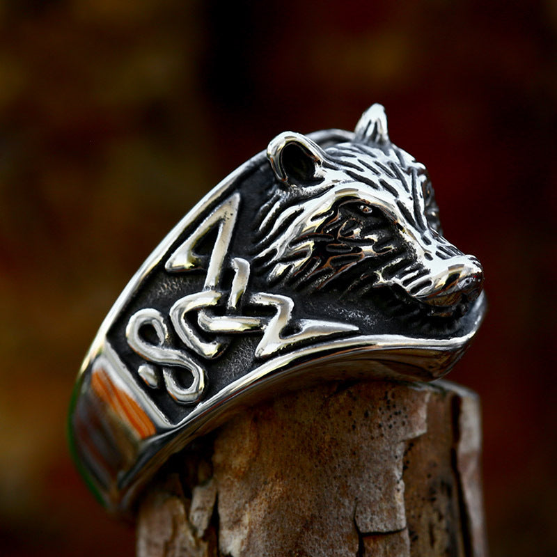 Men Retro Wolf Head Ring Titanium Steel Durable Polished Finish Gold Tone Bold Fashion Jewelry Statement Accessory