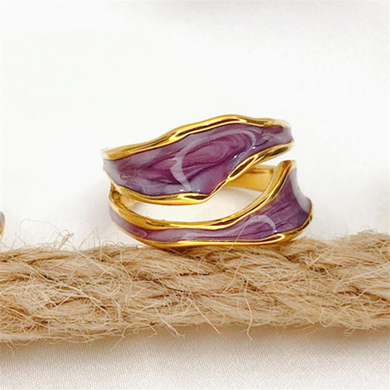 Women Adjustable Enamel Ring With Geometric Design 18K Gold Plated Copper Band Fashion Jewelry For Everyday Chic Style