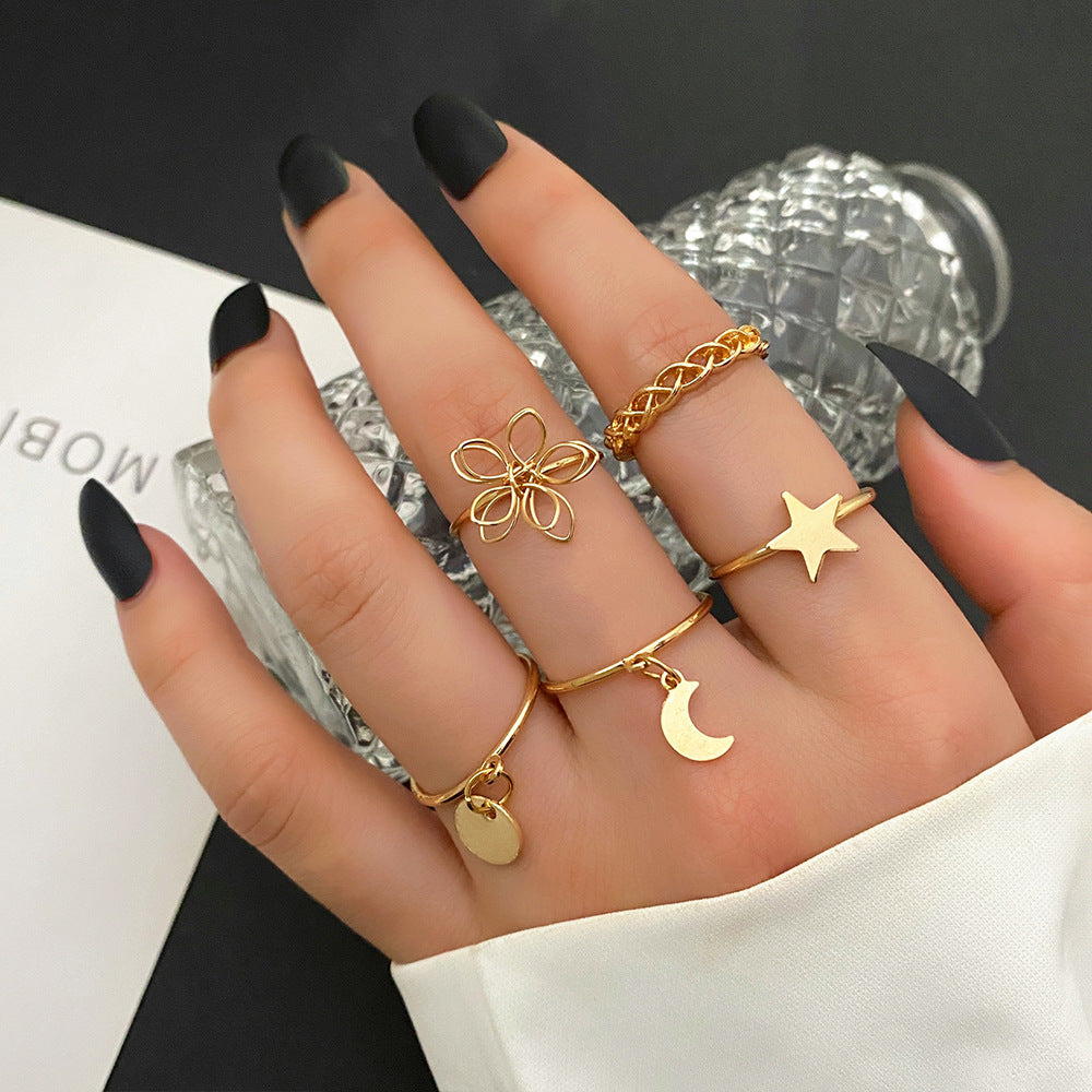 Unisex Geometric Ring Set Five Pointed Star Flower Alloy Fashion Jewelry Gold Tone Silver Tone 5 Piece For Him