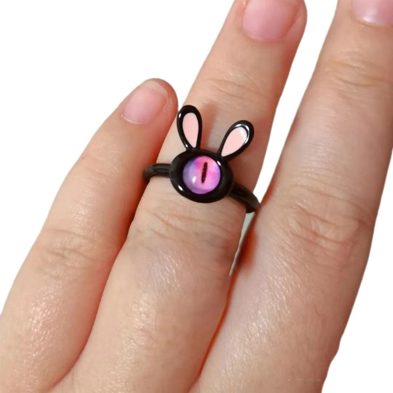 Women's Open Ring Featuring Cute Animal Design Adjustable Alloy Ring With Black Kitty Cat And Cartoon Rabbit Cute
