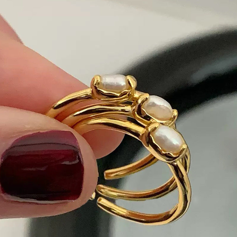 Womens Retro Freshwater Pearl Ring Irregular Metal Electroplated Jewelry Niche Design Statement Accessory For Her