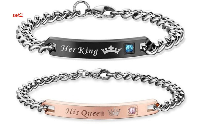 Couple Bracelets Matching Set Heart Alloy Jewelry For Him And Her Queen And King Crown Rose Gold Gift For Gold
