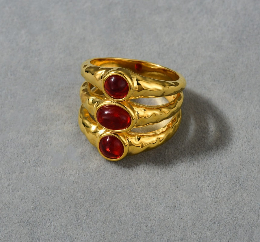 Womens Gold Ring Ruby Irregular Texture Layered Inlaid Design Brass Plated 18K Gold Jewelry Gift For Her Everyday Wear