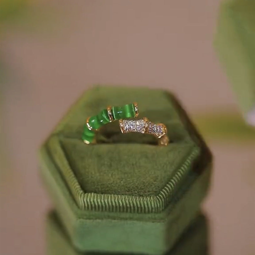 Green Bamboo Open Ring Chinese Style Gold Plated Copper Zircon Inlaid Exquisite Elegant Jewelry Gift For Her Alluring
