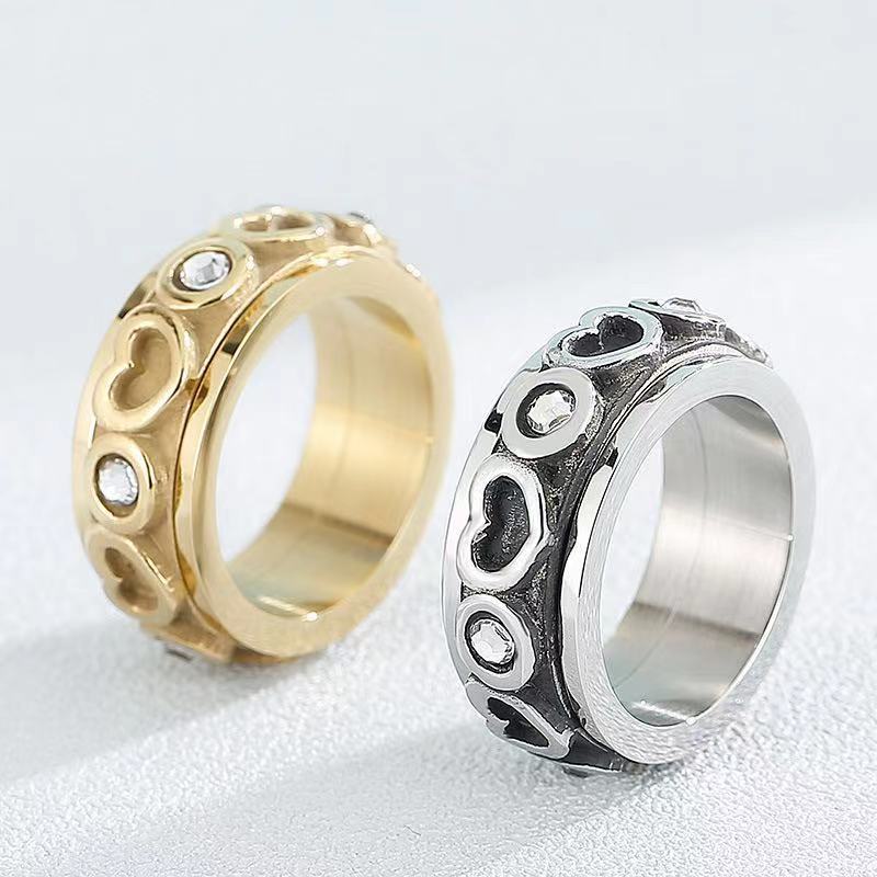 Womens Heart Shaped Ring Diamond Studded Index Finger Ring Titanium Steel Fashion Jewelry Gift For Her Gold and Steel Color Design For Women and Girls