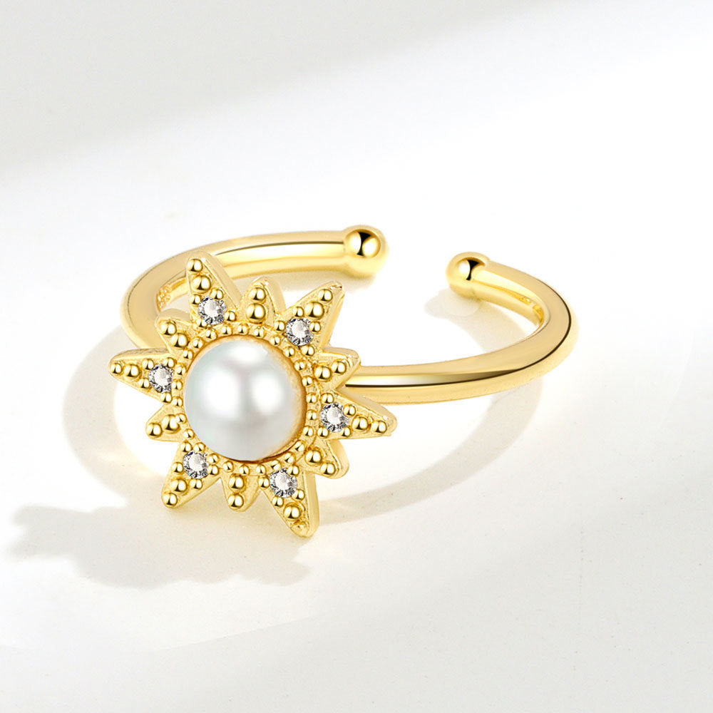 Rotatable Sunflower Pearl Ring With Adjustable Opening Copper Three Layer Plating Gold Platinum Finish Face 14mm