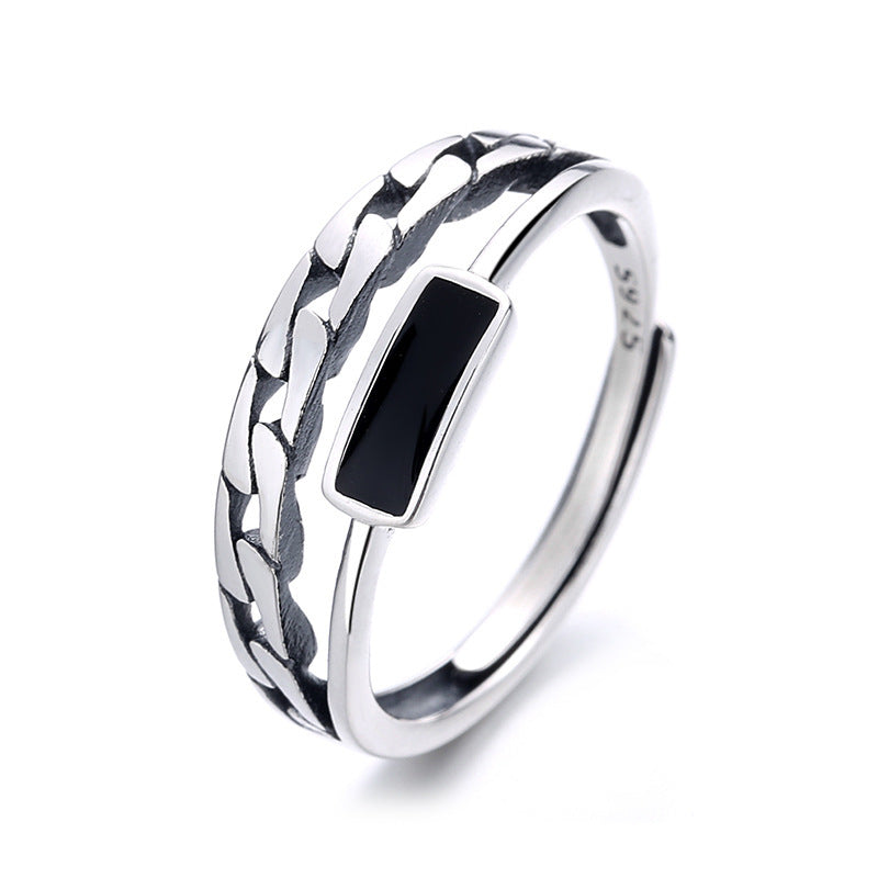 Sterling Silver Ring Distressed Chain Hollow Stitching Epoxy Korean Geometric Design Fashion Jewelry Ring for Women or