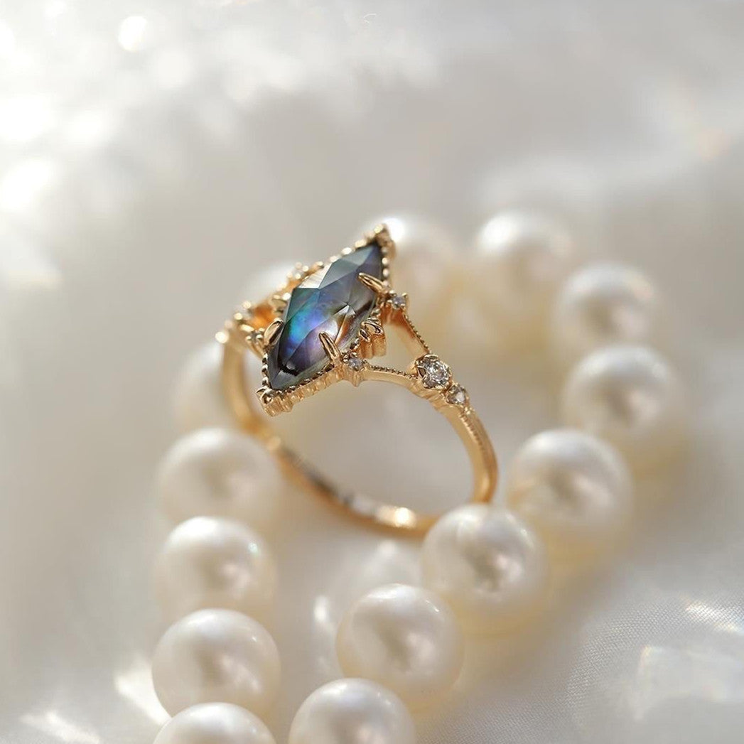 Three Dimensional White Crystal Mosaic Ring S925 Silver Plated Gold For Women Adjustable Geometric Abalone Copper