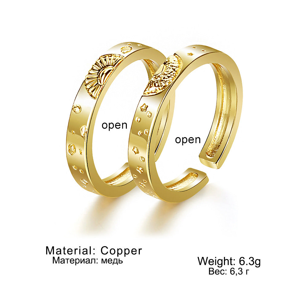 Personalized Star And Moon Corrosion Pattern Simple Brass Ring Five Pointed Star Open Mouth Copper Style Japan