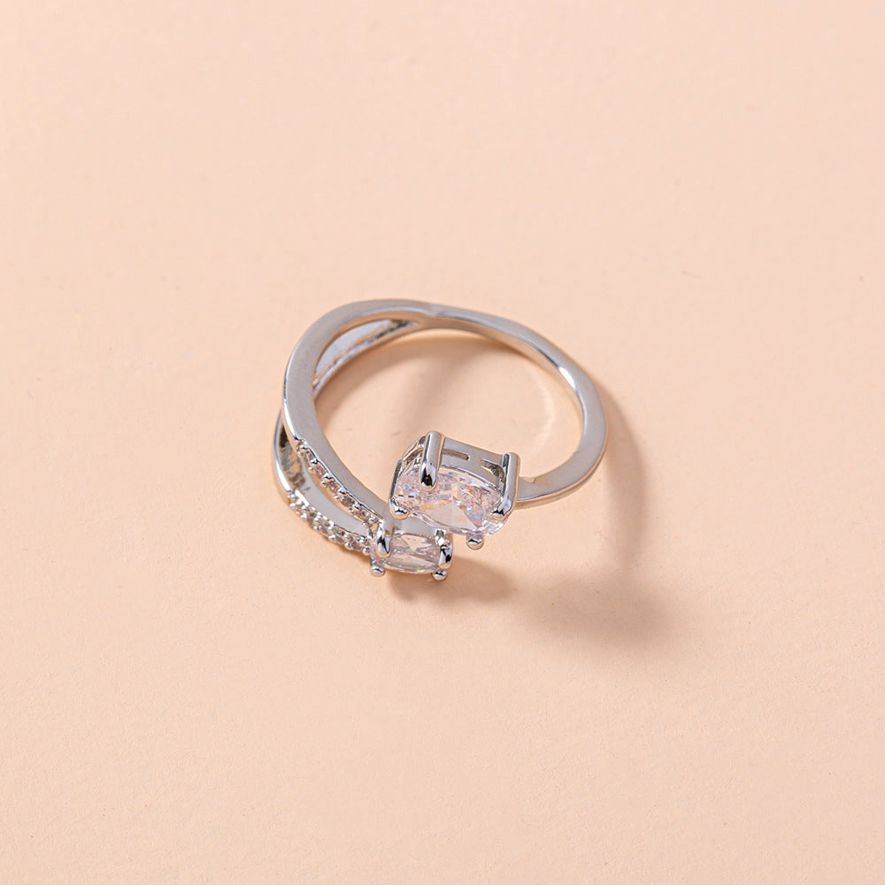 Adjustable Ring With Shining V Shaped Oval Zircon Geometric Copper Jewelry Gift For Her Ins Style Large Design