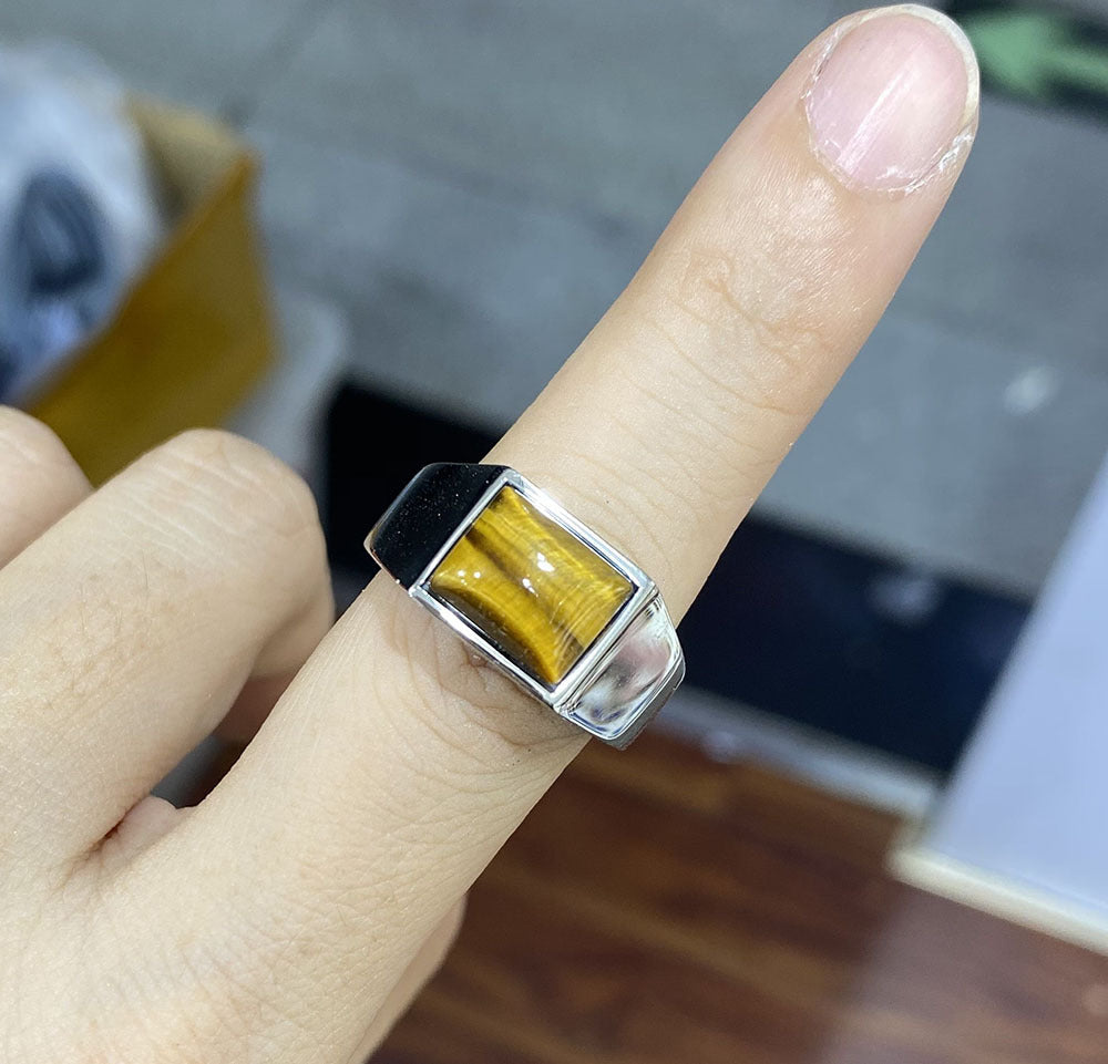 Mens Stainless Steel Ring With Tiger Eye Stone Vintage Jewelry Band Statement Ring For Men Durable Everyday Ring