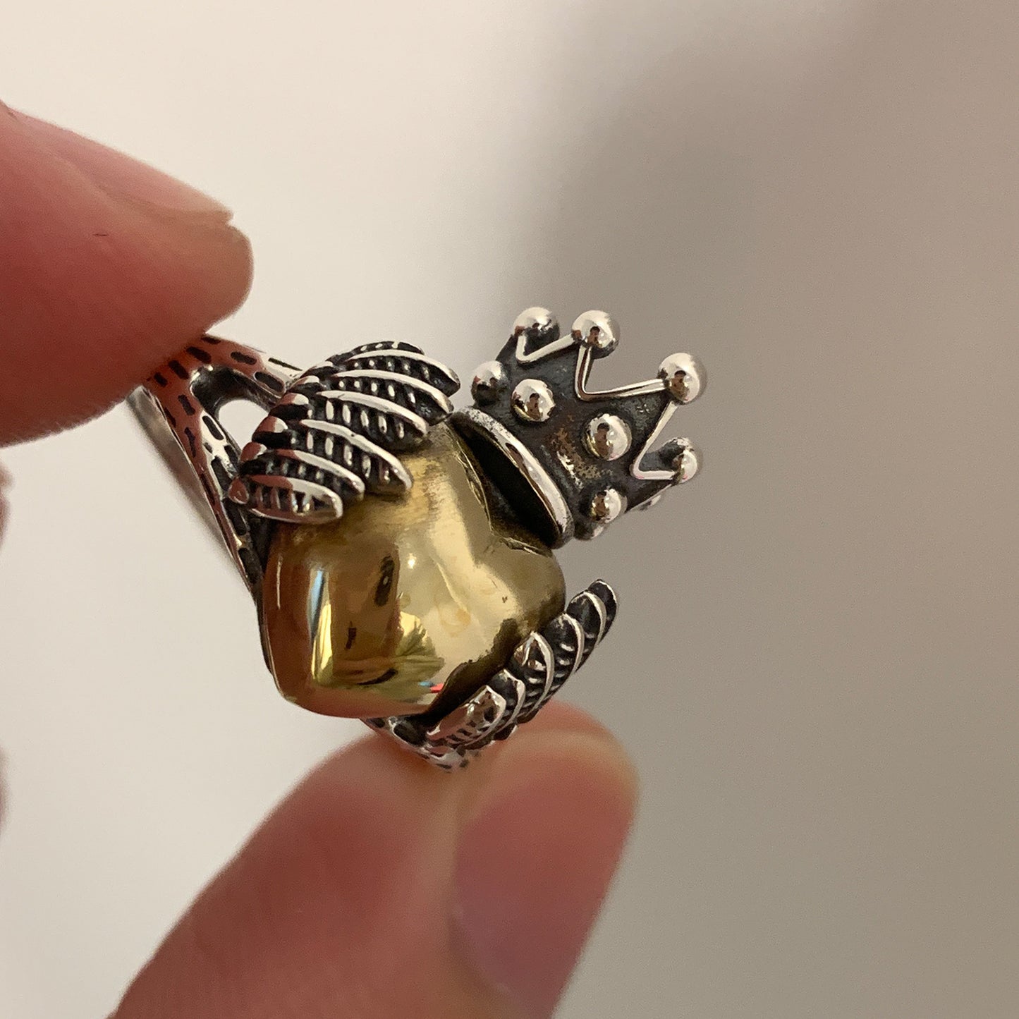 Womens Adjustable Silver Plated Ring Crown Wings Feathery Retro Geometrical Design Intricate Gold Accents Open