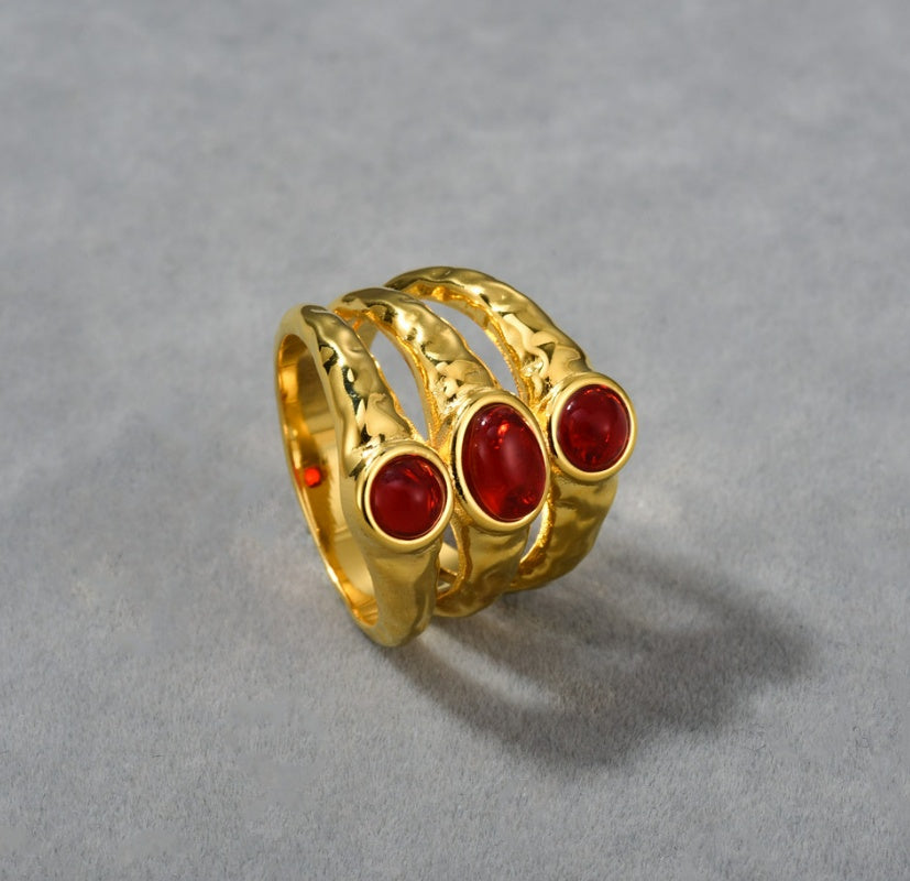 Womens Gold Ring Ruby Irregular Texture Layered Inlaid Design Brass Plated 18K Gold Jewelry Gift For Her Everyday Wear