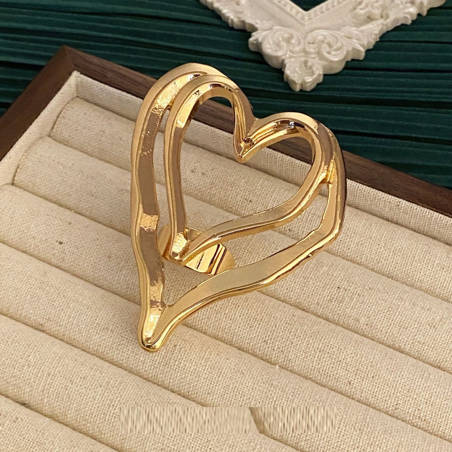 Double Layer Peach Heart Ring For Women Geometric Alloy Micro Inlay Trendy Round Design For Everyday Wear Gold Tone