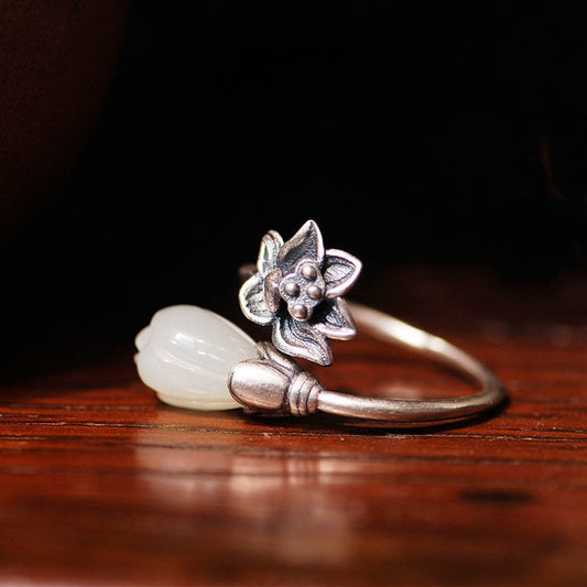 Unisex Retro Lotus Ring Electroplated Copper Orchid White Jade Durable Elegant Statement Jewelry Everyday Wear