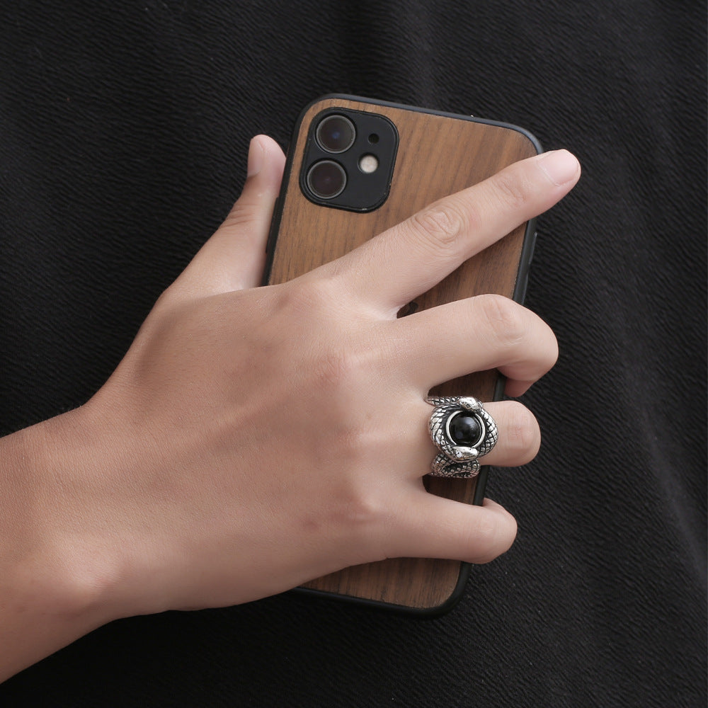 Men's Double Snake Ring Vintage Titanium Steel Biker Ring with Zircon Stone Retro Fashion Jewelry Ring Gift for Him Red Black Sizes 7 to 12