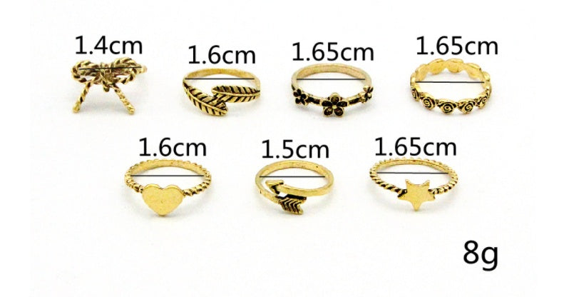 Gold Plated Ring Set Bowknot Star Flower Leaf Design Retro Alloy Knuckle Rings 7 Pcs Jewelry For Women Elegant Set