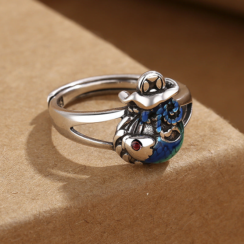 Vintage Burnt Blue Copper Open End Ring With Ethnic Koi Pattern Retro Style For Women Adjustable For Daily Use